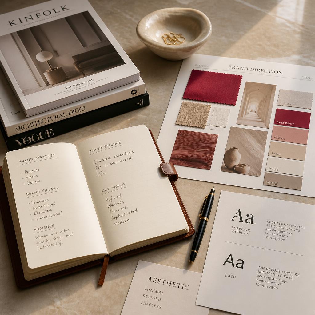 Editorial flat lay of brand strategy materials, moodboard, and guidelines